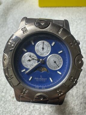Peugeot Silver Watch with Blue Dial and Moonphase